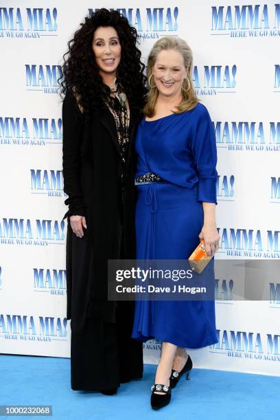 Cher and Meryl Streep attend the UK Premiere of "Mamma Mia! Here We Go Again" at Eventim Apollo on July 16, 2018 in London, England.