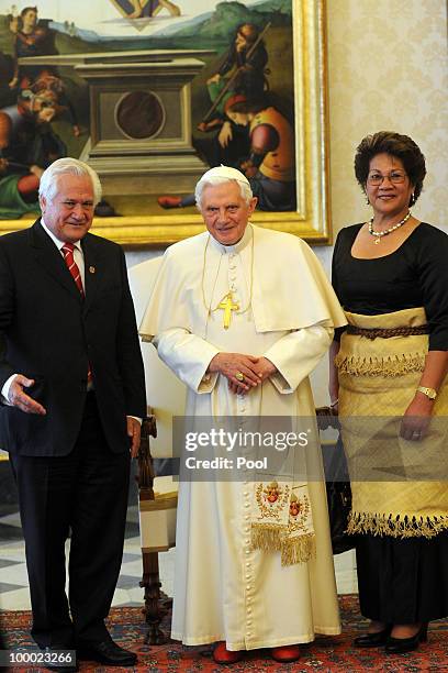 Pope Benedict XVI meets Prime Minister of the Kingdom of Tonga Feleti Sevele and his wife Ainise on May 20, 2010 in Vatican City, Vatican.