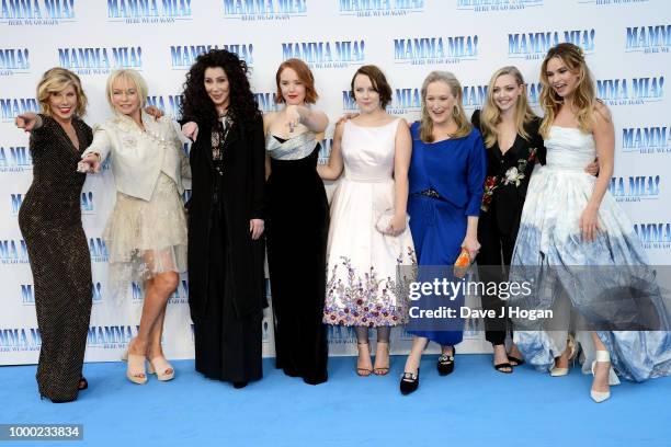 Christine Baranski, producer Judy Craymer, Cher, Jessica Keenan Wynn, Alexa Davies, Meryl Streep, Amanda Seyfried and Lily James attend the UK...