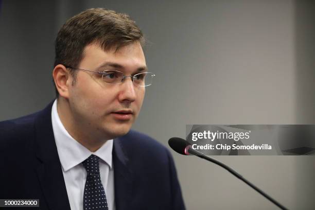 Czech Republic MP Jan Lipavsky speaks during a news conference with American and European counterparts at the Atlantic Council July 16, 2018 in...