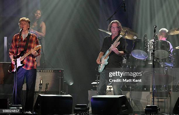 Steve Winwood and Eric Clapton perform at Wembley Arena on May 20, 2010 in London, England.