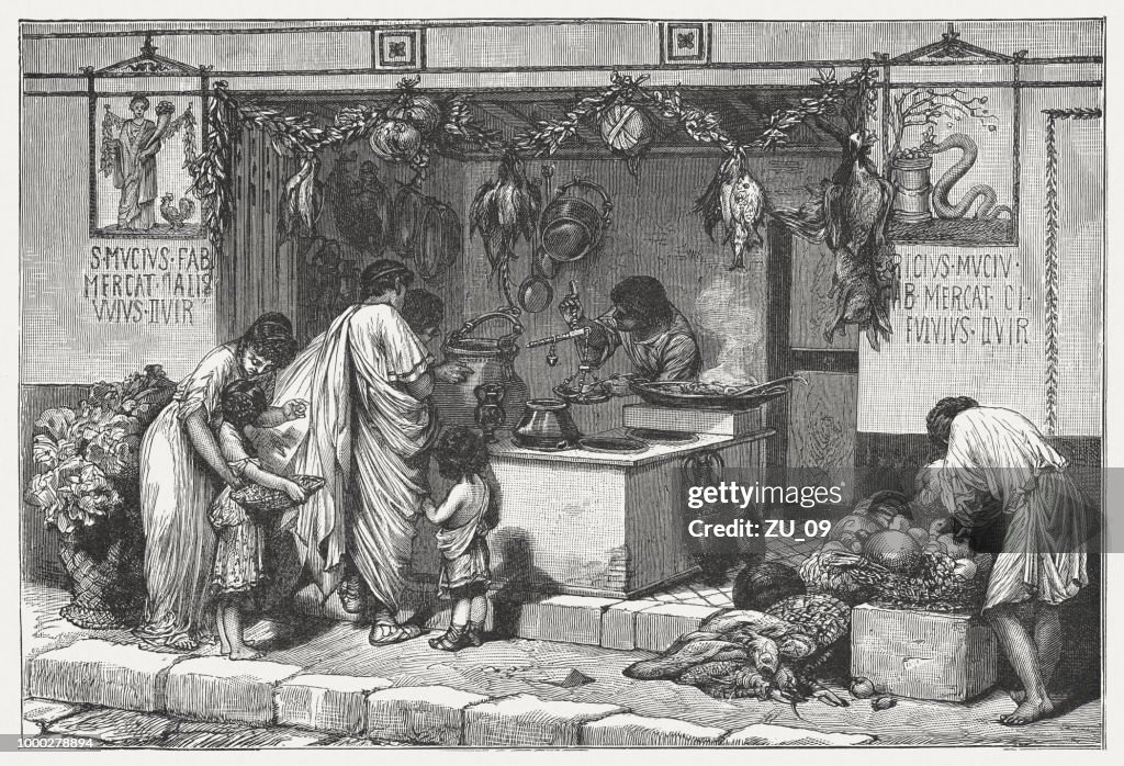 Scène de la Rome antique : entreprise de charcuterie avec de la nourriture, c.1895 publiés