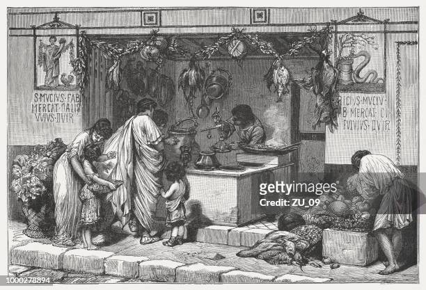 stockillustraties, clipart, cartoons en iconen met scène uit de romeinse oudheid: delicatessen zaken met voedsel, gepubliceerde c.1895 - klassieke beschaving