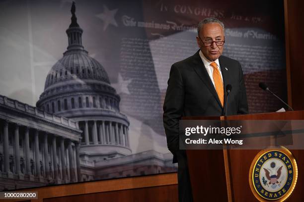 Senate Minority Leader Sen. Chuck Schumer speaks during a news conference at the U.S. Capitol July 16, 2018 in Washington, DC. Sen. Schumer held a...