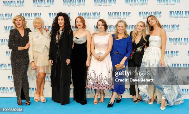 Christina Baranski, Judy Cramer, Cher, Jessica Keenan Wynn, Alexa Davies, Meryl Streep, Amanda Seyfried and Lily James attend the UK Premiere of...