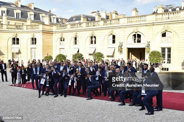 French President Emmanuel Macron receives the France football team during a ceremony at the Elysee Palace on July 16, 2018 in Paris, France. France...