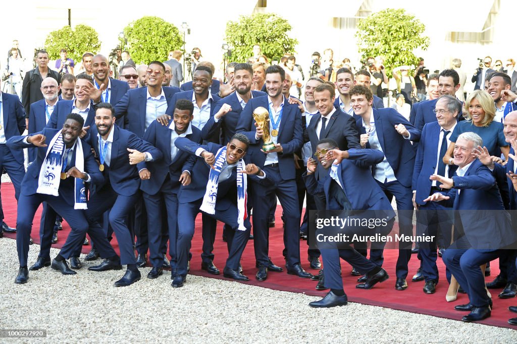 French President Emmanuel Macron Receives The France Football Team At Elysee Palace