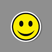 Smiley paper sticker. Vector happy face emoticon label.