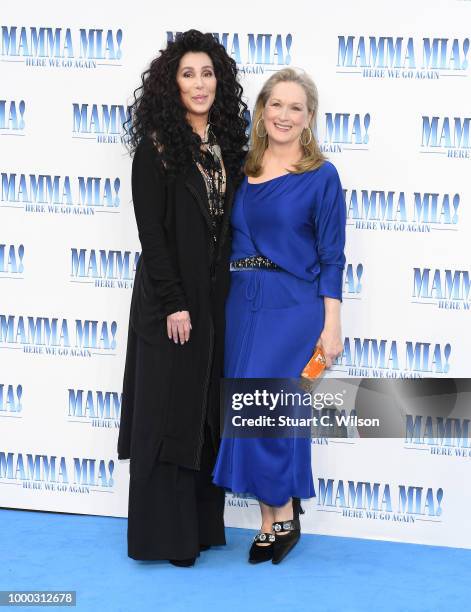 Cher and Meryl Streep attend the "Mamma Mia! Here We Go Again" world premiere at the Eventim Apollo, Hammersmith on July 16, 2018 in London, England.