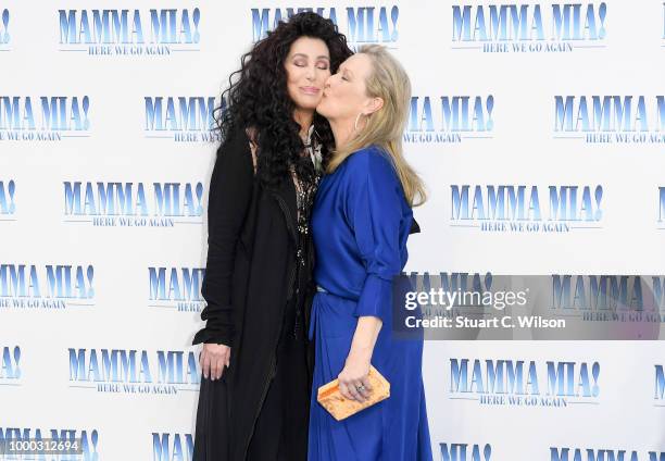 Cher and Meryl Streep attend the "Mamma Mia! Here We Go Again" world premiere at the Eventim Apollo, Hammersmith on July 16, 2018 in London, England.