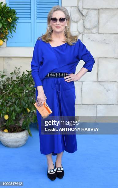 Meryl Streep poses on the red carpet upon arrival for the world premiere of the film "Mamma Mia! Here We Go Again" in London on July 16, 2018.