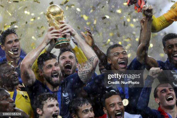 Hugo Lloris, Olivier Giroud, Kylian Mbappe, Olivier Giroud, Antoine Griezmann after the Russia 2018 World Cup final football match between France and...