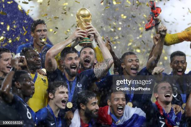 Hugo Lloris, Olivier Giroud, Kylian Mbappe, Olivier Giroud, Antoine Griezmann after the Russia 2018 World Cup final football match between France and...