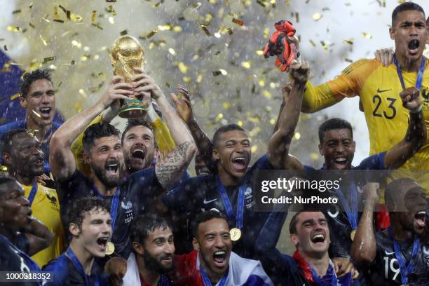 Hugo Lloris, Olivier Giroud, Kylian Mbappe, Olivier Giroud, Antoine Griezmann after the Russia 2018 World Cup final football match between France and...