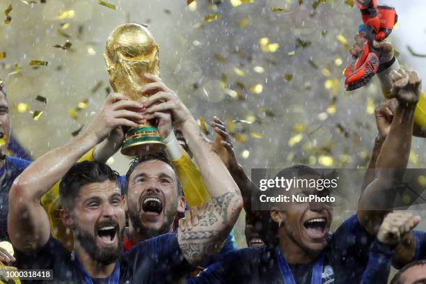 Hugo Lloris, Olivier Giroud, Kylian Mbappe, Olivier Giroud, Antoine Griezmann after the Russia 2018 World Cup final football match between France and...