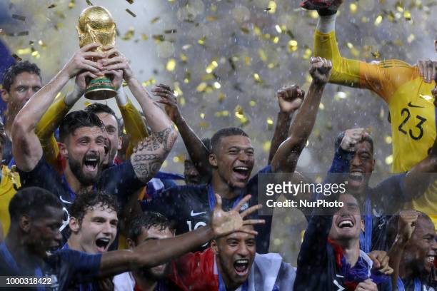 Hugo Lloris, Olivier Giroud, Kylian Mbappe, Olivier Giroud, Antoine Griezmann after the Russia 2018 World Cup final football match between France and...