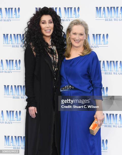 Cher and Meryl Streep attend the "Mamma Mia! Here We Go Again" world premiere at the Eventim Apollo, Hammersmith on July 16, 2018 in London, England.