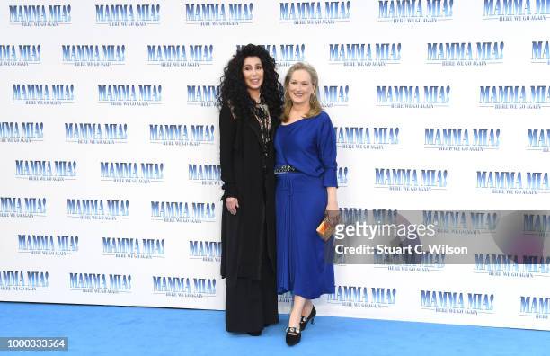 Cher and Meryl Streep attend the "Mamma Mia! Here We Go Again" world premiere at the Eventim Apollo, Hammersmith on July 16, 2018 in London, England.