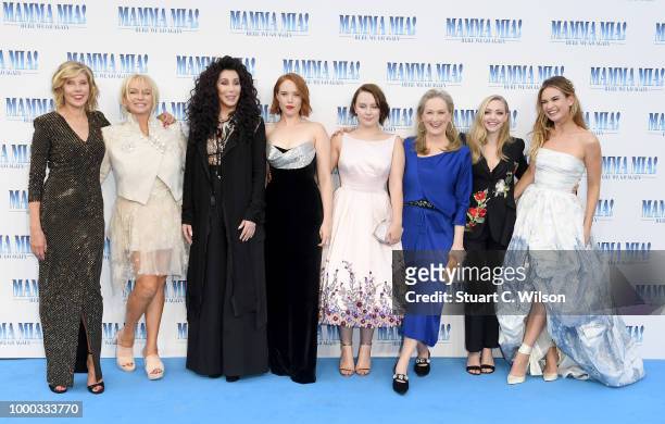 Christina Baranski, Judy Cramer, Cher, Jessica Keenan Wynn, Alexa Davies, Meryl Streep, Amanda Seyfried and Lily James attend the "Mamma Mia! Here We...