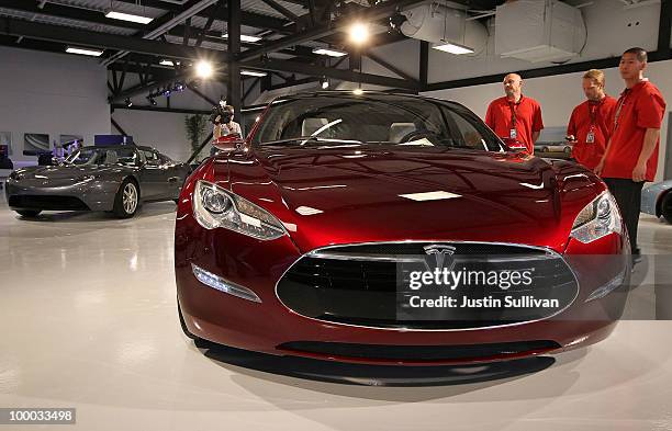 Tesla Motors Model S is displayed in the Tesla showroom before a news conference at Tesla Motors headquarters May 20, 2010 in Palo Alto, California....