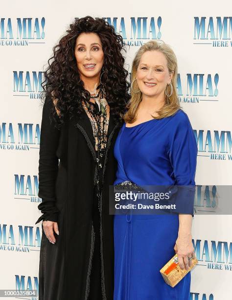 Cher and Meryl Streep attend the UK Premiere of "Mamma Mia! Here We Go Again" at the Eventim Apollo on July 16, 2018 in London, England.