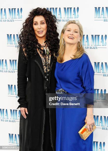 Cher and Meryl Streep attend the UK Premiere of "Mamma Mia! Here We Go Again" at the Eventim Apollo on July 16, 2018 in London, England.