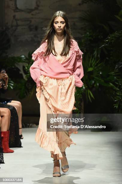 Model walks the runway at the Aniye By Fashion Show SS19 on July 16, 2018 in Milan, Italy.