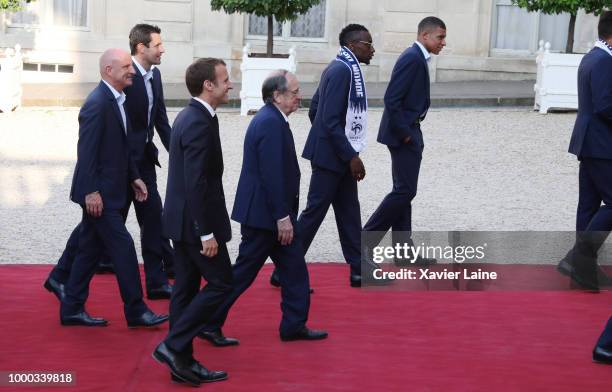 French President Emmanuel Macron receives the France national football team during a ceremony at the Elysee Palace on July 16, 2018 in Paris, France....