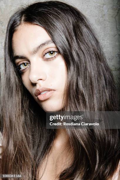 Model is seen backstage ahead of the Aniye By Fashion Show SS19 on July 16, 2018 in Milan, Italy.