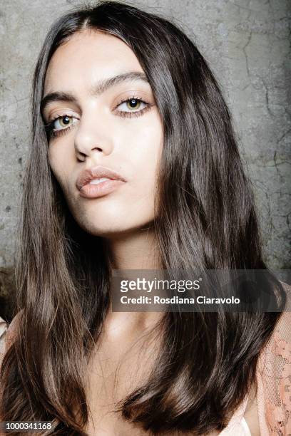Model is seen backstage ahead of the Aniye By Fashion Show SS19 on July 16, 2018 in Milan, Italy.