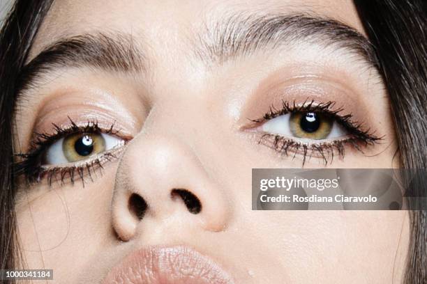 Model, eyeshadow make up detail, is seen backstage ahead of the Aniye By Fashion Show SS19 on July 16, 2018 in Milan, Italy.