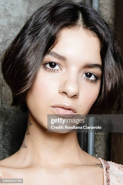 Model is seen backstage ahead of the Aniye By Fashion Show SS19 on July 16, 2018 in Milan, Italy.