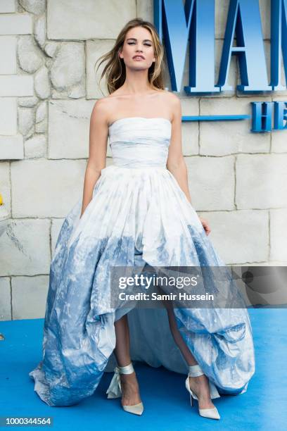 Lily James attends the UK Premiere of "Mamma Mia! Here We Go Again" at Eventim Apollo on July 16, 2018 in London, England.