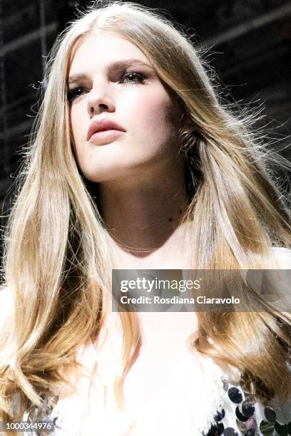 Model is, runway hair detail, seen backstage ahead of the Aniye By Fashion Show SS19 on July 16, 2018 in Milan, Italy.