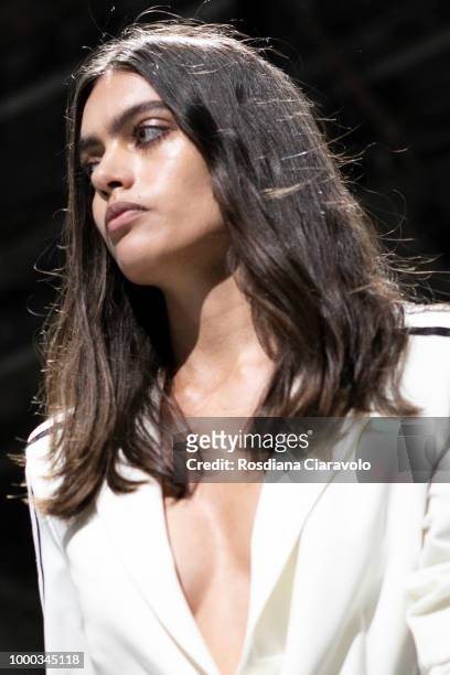 Model is, runway hair detail, seen backstage ahead of the Aniye By Fashion Show SS19 on July 16, 2018 in Milan, Italy.