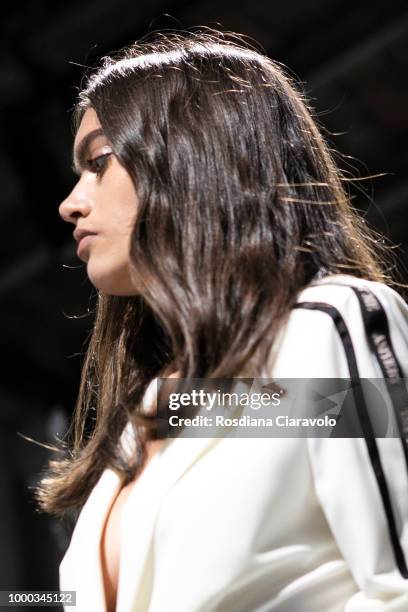 Model is, runway hair detail, seen backstage ahead of the Aniye By Fashion Show SS19 on July 16, 2018 in Milan, Italy.