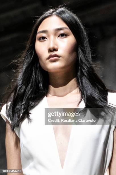 Model is, runway hair detail, seen backstage ahead of the Aniye By Fashion Show SS19 on July 16, 2018 in Milan, Italy.