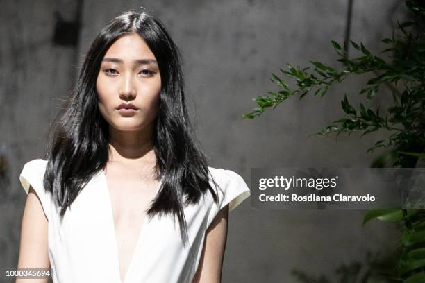 Model is, runway hair detail, seen backstage ahead of the Aniye By Fashion Show SS19 on July 16, 2018 in Milan, Italy.