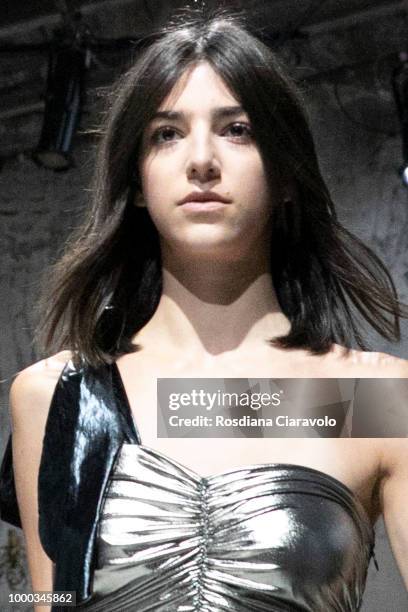 Model is, runway hair detail, seen backstage ahead of the Aniye By Fashion Show SS19 on July 16, 2018 in Milan, Italy.