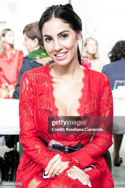 Giulia De Lellis is seen backstage ahead of the Aniye By Fashion Show SS19 on July 16, 2018 in Milan, Italy.