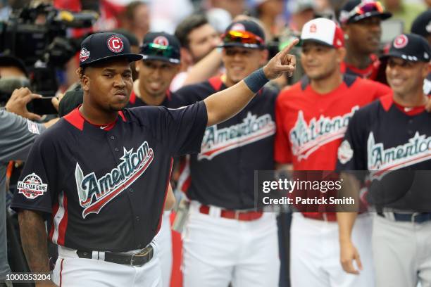 Jose Ramirez of the Cleveland Indians and the American League reacts during Gatorade All-Star Workout Day at Nationals Park on July 16, 2018 in...