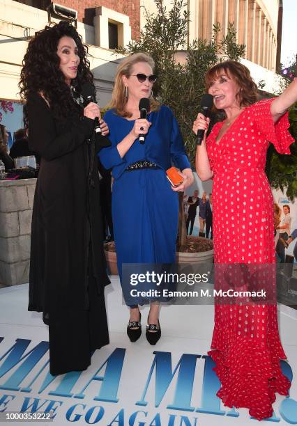 Cher and Meryl Streep speak with Lorraine Kelly as they attend the "Mamma Mia! Here We Go Again" world premiere at the Eventim Apollo, Hammersmith on...