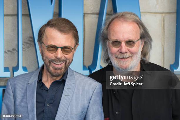 Benny Andersson and Bjorn Ulvaeus from ABBA attend the UK Premiere of "Mamma Mia! Here We Go Again" at Eventim Apollo on July 16, 2018 in London,...