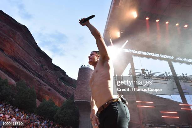 Dan Reynolds of Imagine Dragons performs during their Evolve World Tour stop at Red Rocks Amphitheatre on July 16, 2018 in Morrison, Colorado.