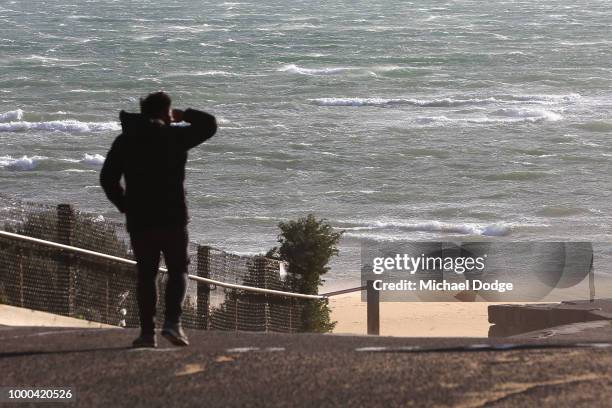 View from Brighton Beach is seen as heavy winds hit on July 17, 2018 in Melbourne, Australia. The Bureau of Meteorology has issued a weather warning...