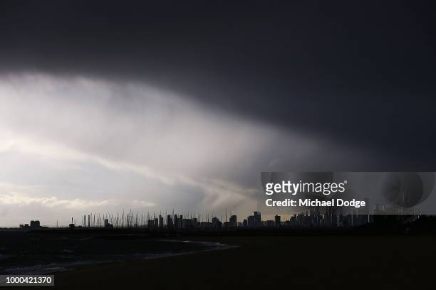 View from Brighton Beach is seen as a storm passes over on July 17, 2018 in Melbourne, Australia. The Bureau of Meteorology has issued a weather...