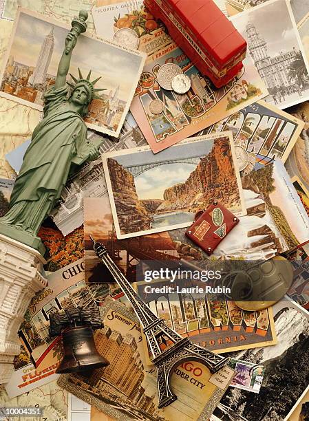 elements of travel on picture postcards - souvenir stock-fotos und bilder