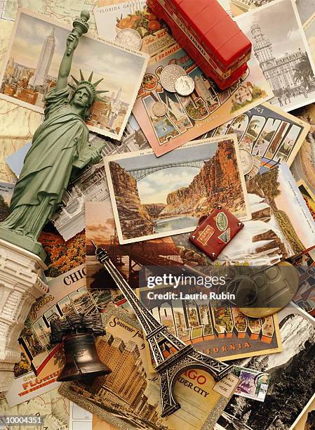 elements of travel on picture postcards - souvenirs bildbanksfoton och bilder