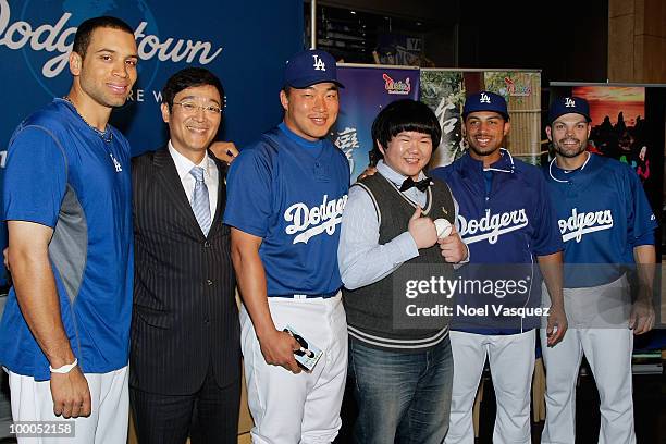 James Loney, Trust Lin, Hong-Chih Kuo, Lin Yu Chun, Xavier Paul and Jamey Carroll attend the Los Angeles Dodger's news conference announcing...