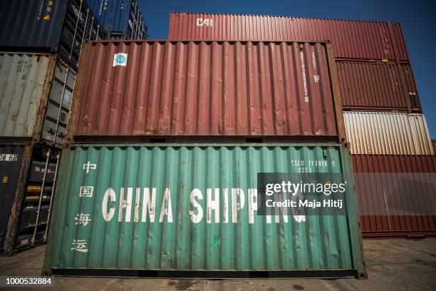 Containers from China are seen in the Duisburg port on July 16, 2018 in Duisburg, Germany. Approximately 25 trains a week use the "Silk Road"...